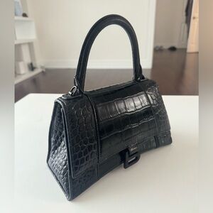 BALENCIAGA HOURGLASS SMALL HANDBAG CROCODILE EMBOSSED IN BLACK AUTHENTIC